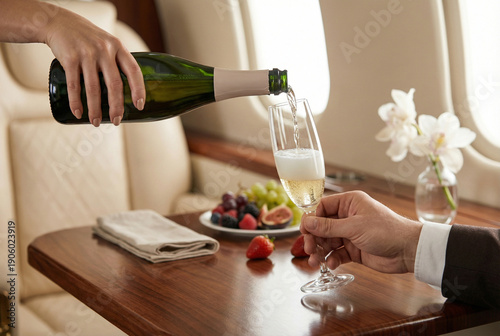 Champagne being poured into flute on private jet table, close-up