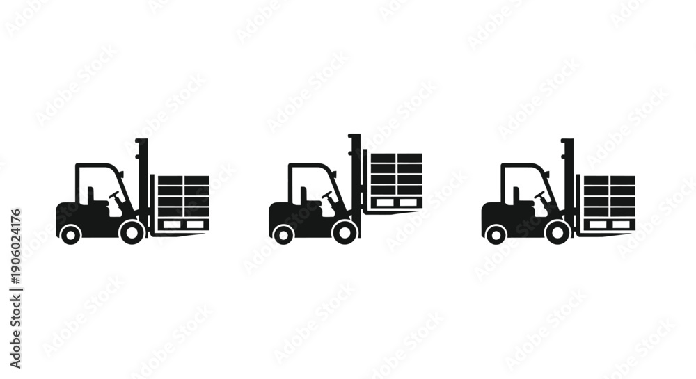 Fototapeta premium Three forklift trucks in a row simple black design silhouette