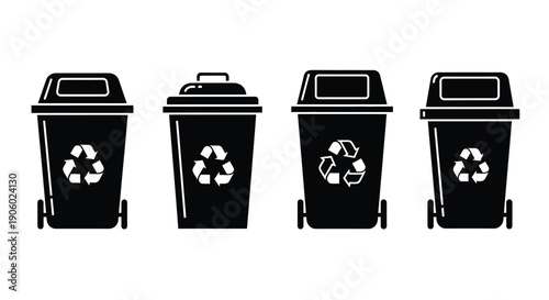 Four black trash cans in a row recycling symbol visible silhouette