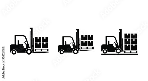 Three forklifts carrying pallets a simple graphic illustration silhouette