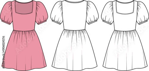 Women's Pink Babydoll Dress Technical Sketch - Puff Sleeve Square Neck Flat Illustration Art