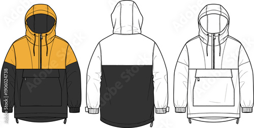 Unisex Hooded Anorak Jacket Technical Sketch - Yellow Color Block Flat Fashion Illustration Art