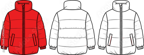 Unisex Puffer Jacket Fashion Technical Sketch, Flat Vector Winter Coat Illustration Template