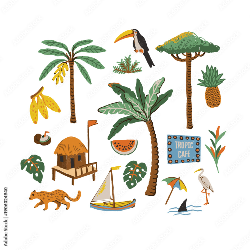Fototapeta premium Summer tropical vector illustration set with island elements fruits animals isolated icons