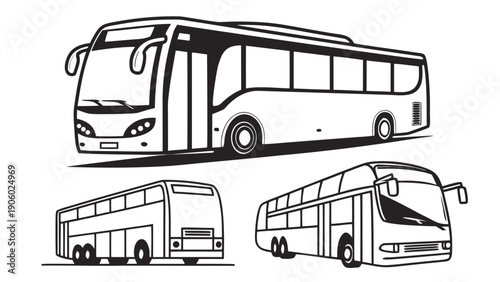 A black and white vector illustration of a bus in various views on transparent background