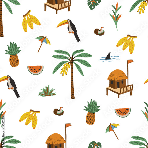Summer tropical seamless vector pattern with island icons animals fruits palm boats