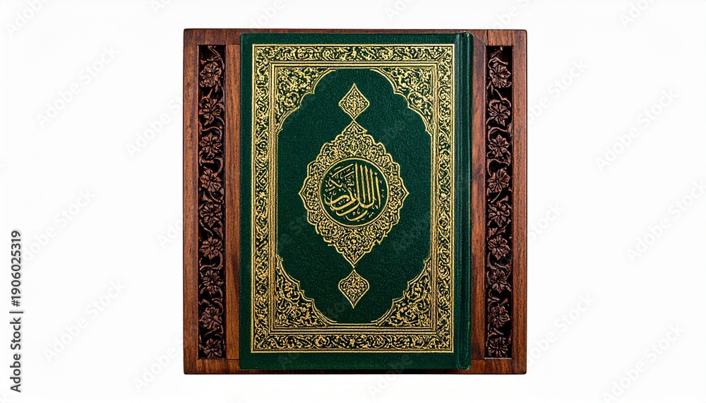 Fototapeta premium The Holy Quran displayed with an intricately carved wooden stand, featuring elegant Islamic patterns and rich traditional craftsmanship. This image symbolizes Islamic faith, spirituality, worship, and