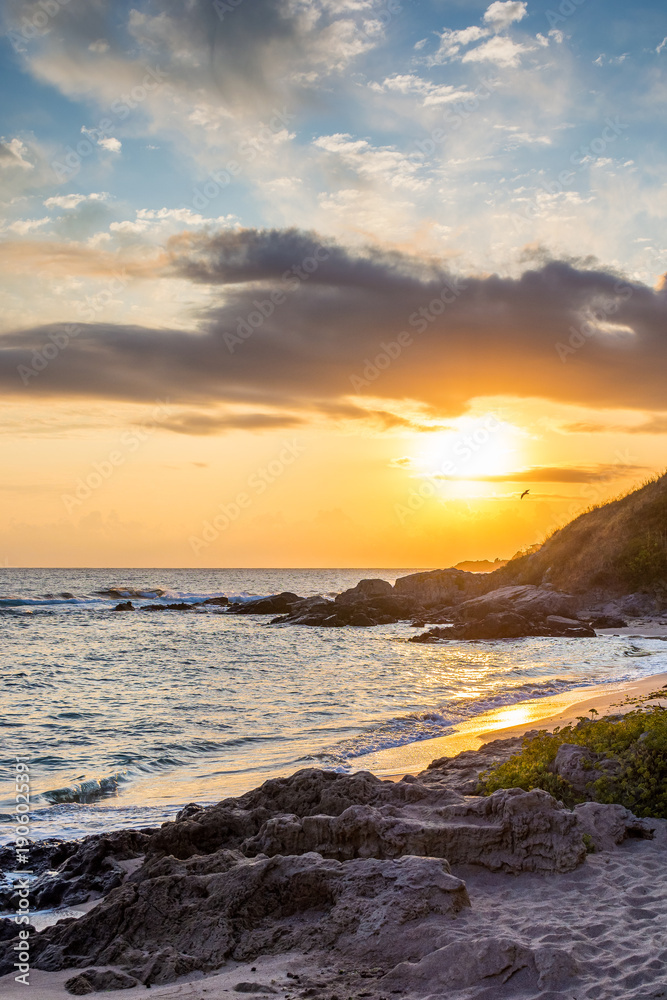 Obraz premium landscape of black sea sandy beach at sunrise. golden sand and rocks on the coast of bulgaria. beautiful view with sun above horizon. european summer vacation season and leisure concept