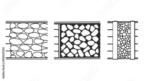 CAD Texture Drawings, stone wall  top and side view patterns, Stone, Gravel, and Pebble Section Pattern Outline Vector for Architectural Material Design
