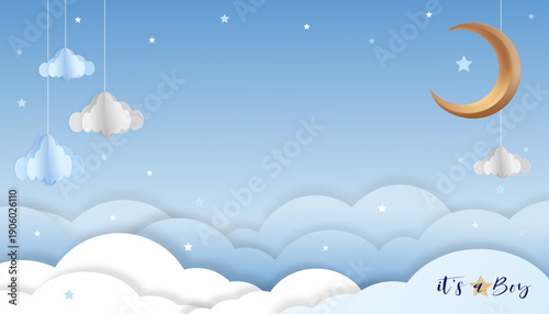 Baby shower background for Kid boy.Cute design blue sky,white cloud white for New born greeting card,Backdrop paper art cartoon party banner,Social media template