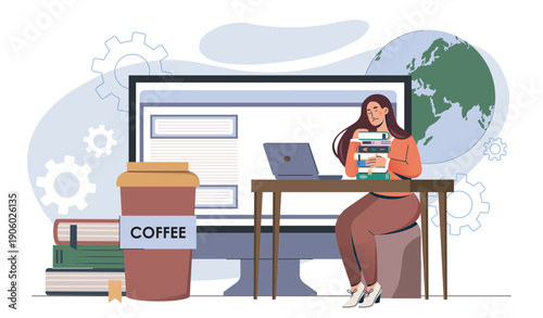 Student stress concept. Sad woman with stack of books sitting near laptop. Emotional burnout and overload. Mental and psychological problems of schoolgirl. Flat vector illustration