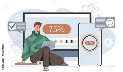 Device synchronization concept. Man with tablet near smartphone and computer. Cloud service concept. Programmer and IT specialist with gadgets. Flat vector illustration