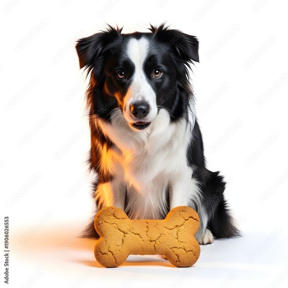 Fototapeta premium A black and white dog sitting with a large dog treat