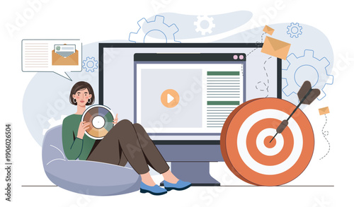 Content filling concept. Woman with palette near website. SMM and SEO specialist fills website pages with content. Search engine optimization. Author and copywriter. Flat vector illustration