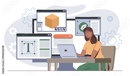 Graphic designer concept. Woman with laptop develops elements for website. Creative freelancer or remote worker. Illustrator developing interface for application. Flat vector illustration