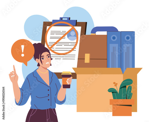 Dismissal from work. Woman near box with things. Bankruptcy and crisis, unemployment. Frustration and depression. Fired employee leaves workplace. Flat vector illustration