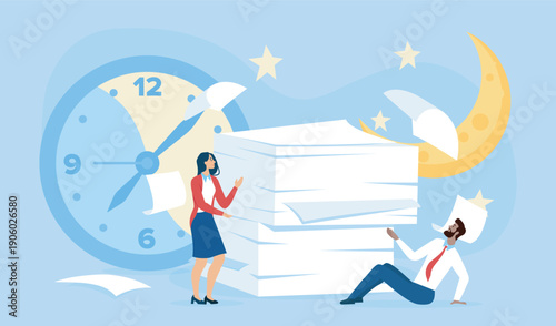 Employee overload concept. Man and woman near stack of documents. Emotional burnout, frustration, and exhaustion. Inefficient workflow, paperwork overload. Flat vector illustration