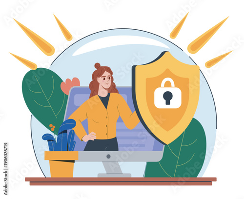 Internet protection concept. Woman on computer screen with golden shield. Personal data protection and internet security and safety. Firewall and antivirus. Flat vector illustration