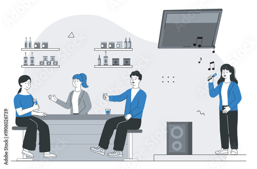 People in karaoke. Woman with microphone singing near bar. Hobby, leisure and relaxation. Party and event. Singer performing in front of audience. Linear vector illustration