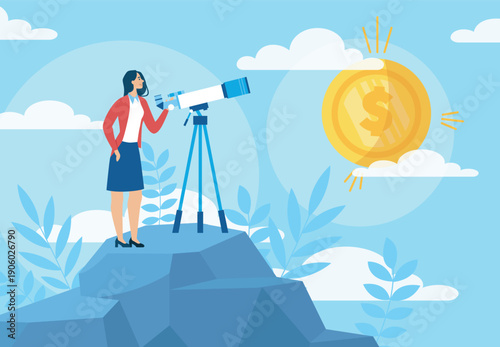 Businesswoman looking to success. Woman looks at gold coin through telescope. Success and leadership, business vision. Planning and goal setting. Flat vector illustration