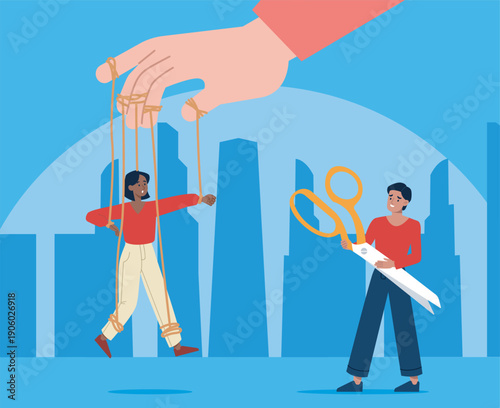 Concept of manipulation. Woman with scissors near girl hanging on strings. Puppet and doll. Character suffers from mental abuse at work or at home. Flat vector illustration