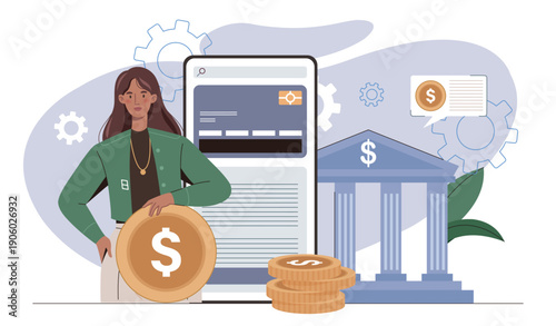 Mobile banking concept. Woman with golden coins near smartphone and bank building. Cashless transfers and transactions. Digital wallet and electronic commerce. Flat vector illustration