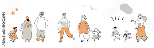 ファミリー＆元気なキッズ,わいわい,にぎやか,おめかし,おでかけ｜グレー＋柔らかオレンジ,ハンドドローイング,ベクターイラスト｜Family&Kids,vector illustration