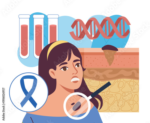 Moles on skin. Woman with mole under magnifying glass. Mindfulness and awareness. Patient at dermatologist and oncologist appointment. Healthcare and medicine. Flat vector illustration