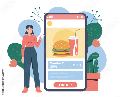 Woman ordering food online. Young girl near smartphone with burger and soda. Fast food and takeaway eating. Electronic commerce and home delivery. Flat vector illustration
