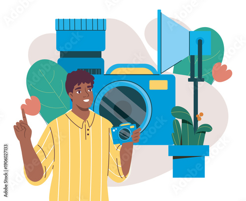 Photographer courses concept. Man with camera in studio conducts photography workshops. Educational blogger. Education and training, workshop. Flat vector illustration