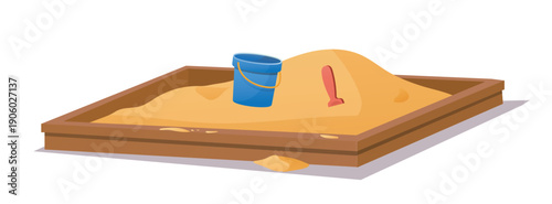 Kids playground element. Sandbox with blue bucket and red shovel. Kindergarten or school area for kids. Entertainment and rest outdoor. Flat vector illustration
