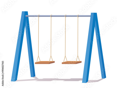 Kids playground element. Blue swings. Kindergarten or school area for kids. Entertainment and rest outside. Summer camp for preschoolers. Flat vector illustration