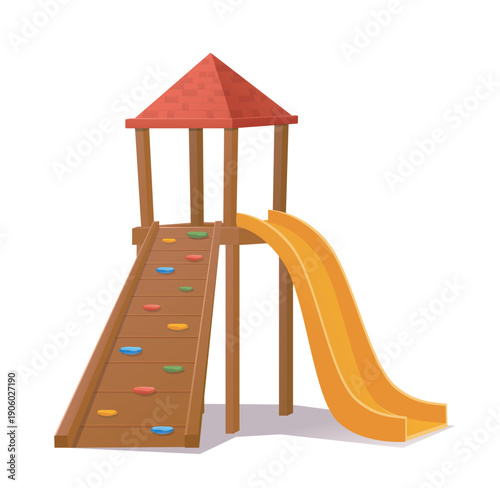 Kids playground element. Wooden slide with tower. Entertainment and recreation area for kids and children. Backyard or ground attraction. Flat vector illustration