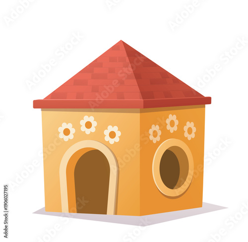 Kids playground element. Wooden tower with red roof. Entertainment and recreation area for kids and children. Kindergarten or school area, ground. Flat vector illustration