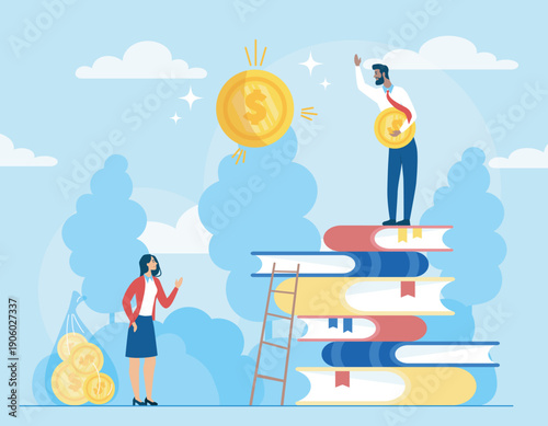 Businesspeople reach goal. Woman and man standing on stack of books with gold coins. Financial literacy and passive income. Successful entrepreneur, investor, or trader. Flat vector illustration