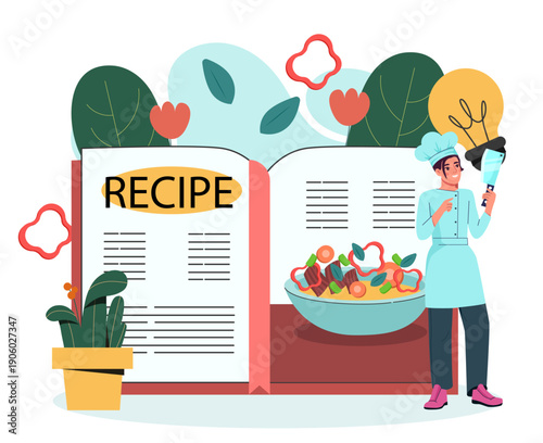 Woman with recipe book. Girl in chefs hat holding knife near salad in cookbook. Information and guide for cooks. Person with cooking tutorial. Flat vector illustration