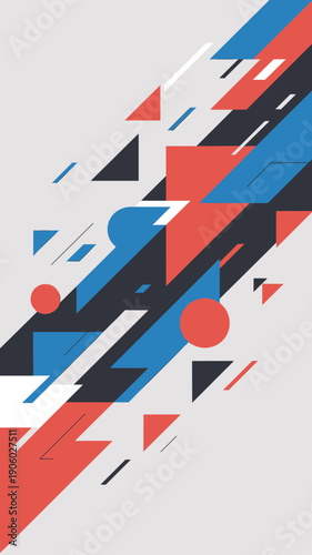 Dynamic abstract geometric shapes in motion with red blue and black triangles and circles on a light grey background modern minimalist graphic design for technology business and innovation concepts pr
