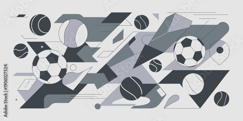 Abstract sports graphic design with soccer balls and geometric shapes dynamic motion concept for athletic events and active lifestyle promotion modern minimalist illustration for web and print media
