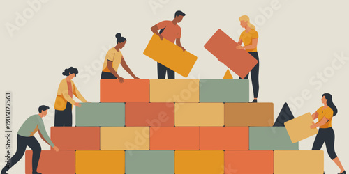 Diverse team building a wall together collaborating on project success teamwork strategy development and construction business concept for corporate presentations and professional growth illustrations