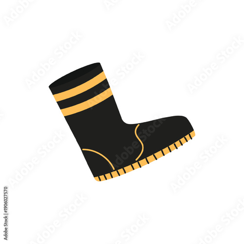Specialized black protective boot with yellow stripes used to protect firefighter during firefighting. Vector illustration sign