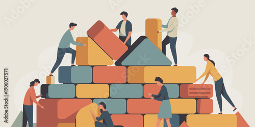 Diverse business team collaborating to build strategy and success with colorful building blocks teamwork concept for corporate presentations professional development and project planning illustration