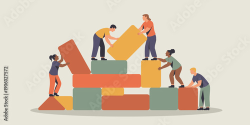 Diverse team of professionals building together stacking colorful blocks teamwork collaboration concept for business strategy development project success and company growth in modern flat illustration