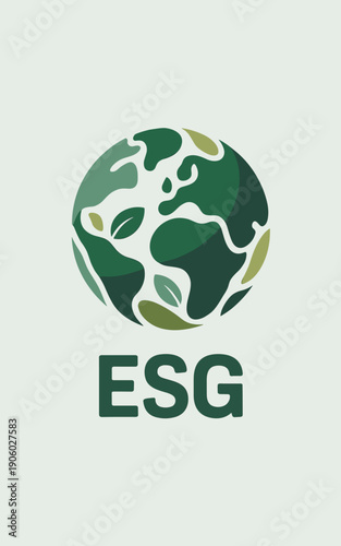 ESG concept logo with earth globe icon and leaves representing environmental sustainability corporate responsibility and social governance for business and investment initiatives illustration