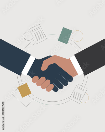 Business handshake agreement partnership success deal closing professional collaboration concept illustration with documents and abstract elements for corporate presentations marketing finance and tec