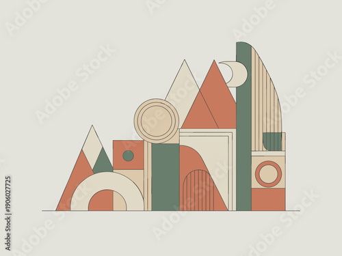 Abstract geometric composition shapes forming modern architectural structure concept art with minimalist design clean lines earthy color palette representing innovation growth and balance for graphic