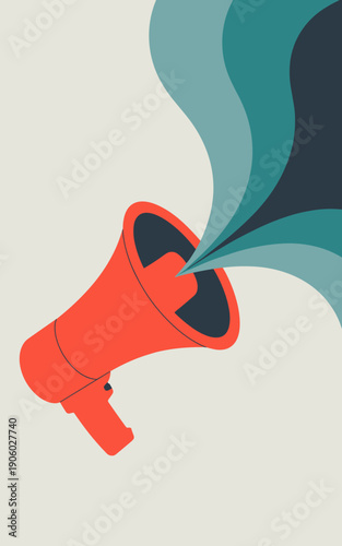 Red megaphone broadcasting announcement sound waves communication concept modern graphic design for marketing advertising social media promotion and public relations campaigns abstract representation