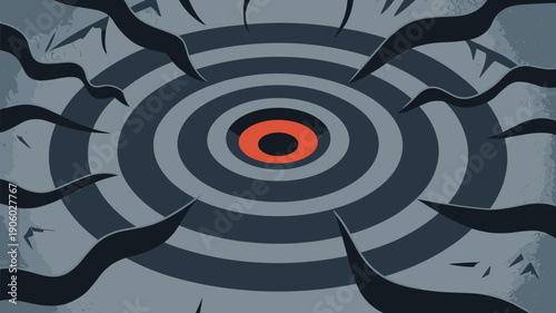 Abstract dark tendrils reaching towards central target bullseye concentric circles with bright orange core and grey background modern graphic concept for focus strategy objective achievement danger th