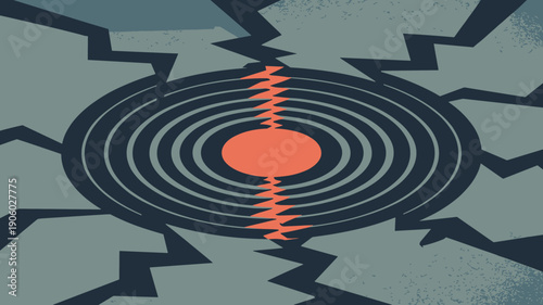 Abstract circular pattern shattering apart symbolizing disruption crisis or breakdown with orange glow in center representing energy or conflict concept for disaster or change vector illustration grap