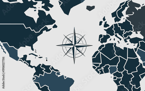 World map with compass rose illustration representing global travel navigation exploration direction and international business strategy planning for corporate presentations marketing campaigns and we