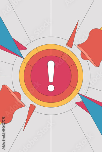 Exclamation mark warning symbol alert notification icon with abstract geometric shapes and sound waves radiating outwards for urgent news important information critical danger alert and urgent communi